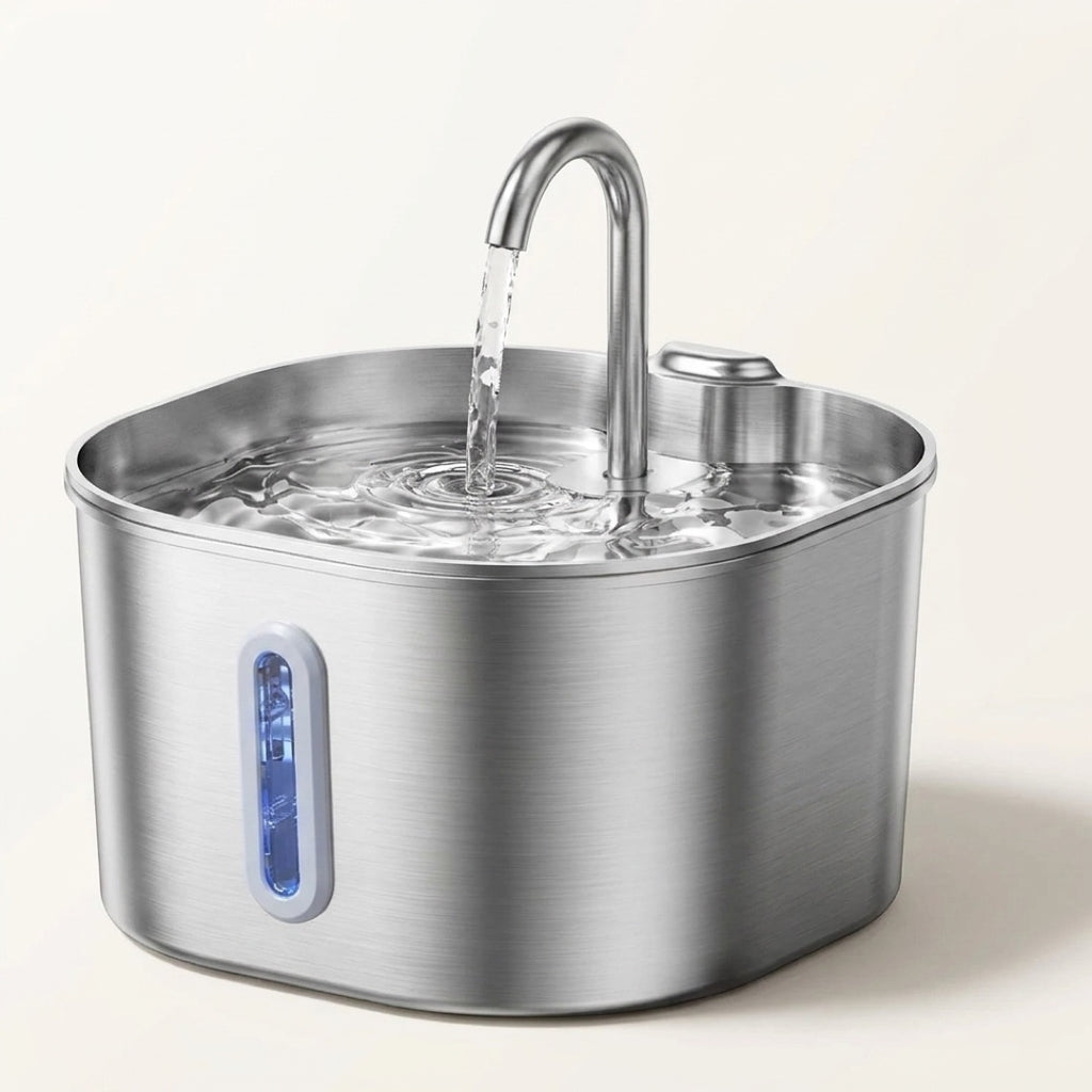 FidoLab pet water fountain detail — stainless body and water-level window